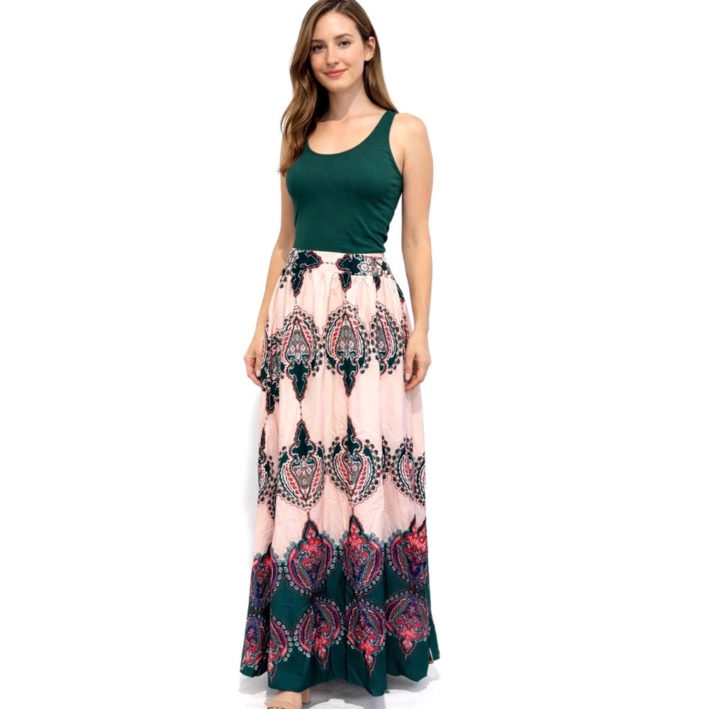 Tribal skirt, Elegant Pink and Green Maxi Skirt, Size L